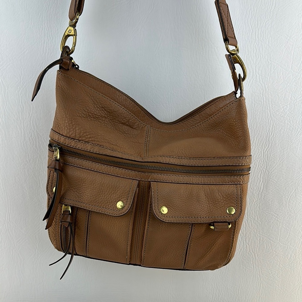 Fossil Multi Pocket Tan Leather Shoulder/Crossbody Bag